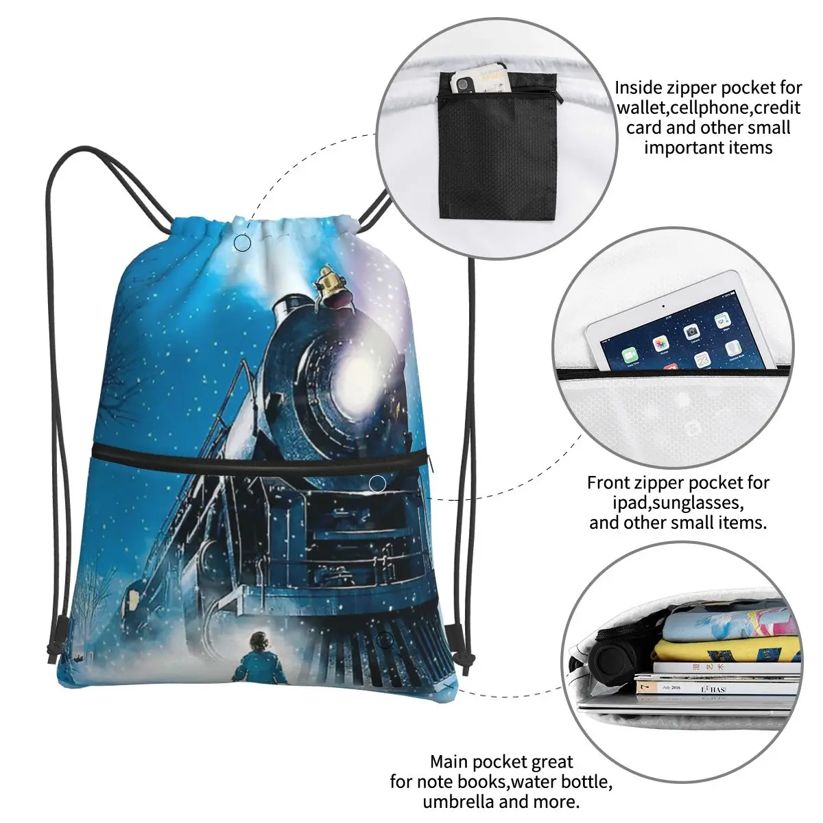 As mochilas portáteis Polar Express, Drawstring Bag, Casual Bundle Pocket, sacos de armazenamento para estudantes escolares