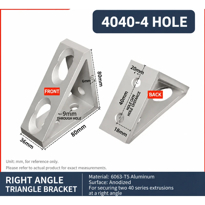 4Pcs 4040-4 Hole Silver Aluminum Profile Triangle Connector, 90 Degree Right Angle Bracket for Vertical & Cross Mounting