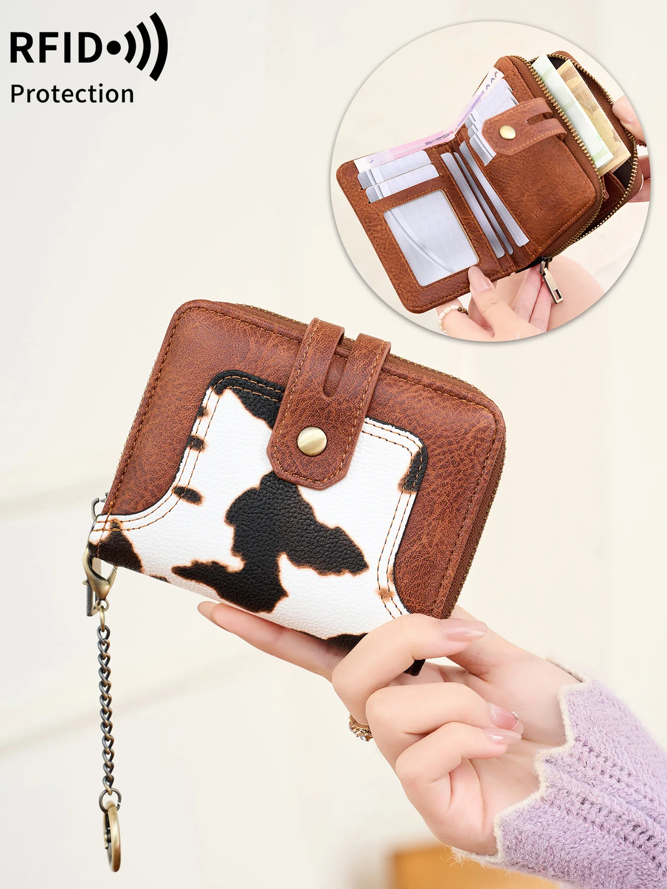 

Минималистичный женский кошелекRFIDS с защитой двойного сложения, короткий держатель для кредитных карт, многофункциональный кошелек из искусственной кожи на молнии с брелком