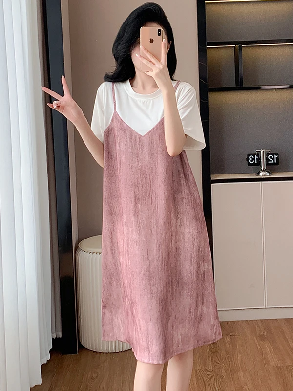 Summer 2025 plus Size Women's Loose T-irt Dr Korean Sle Splice Strapl ort Sve Fake Two-Piece A-Line Skirt