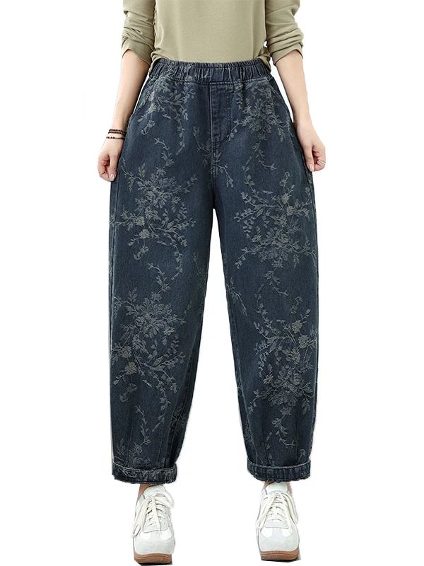 الرجعية Waed الأزهار التطريز المرأة الجينز مرونة الخصر فضفاضة التخسيس عارضة هارلان السراويل الخريف جديد Sle الأزرق القطن بو...