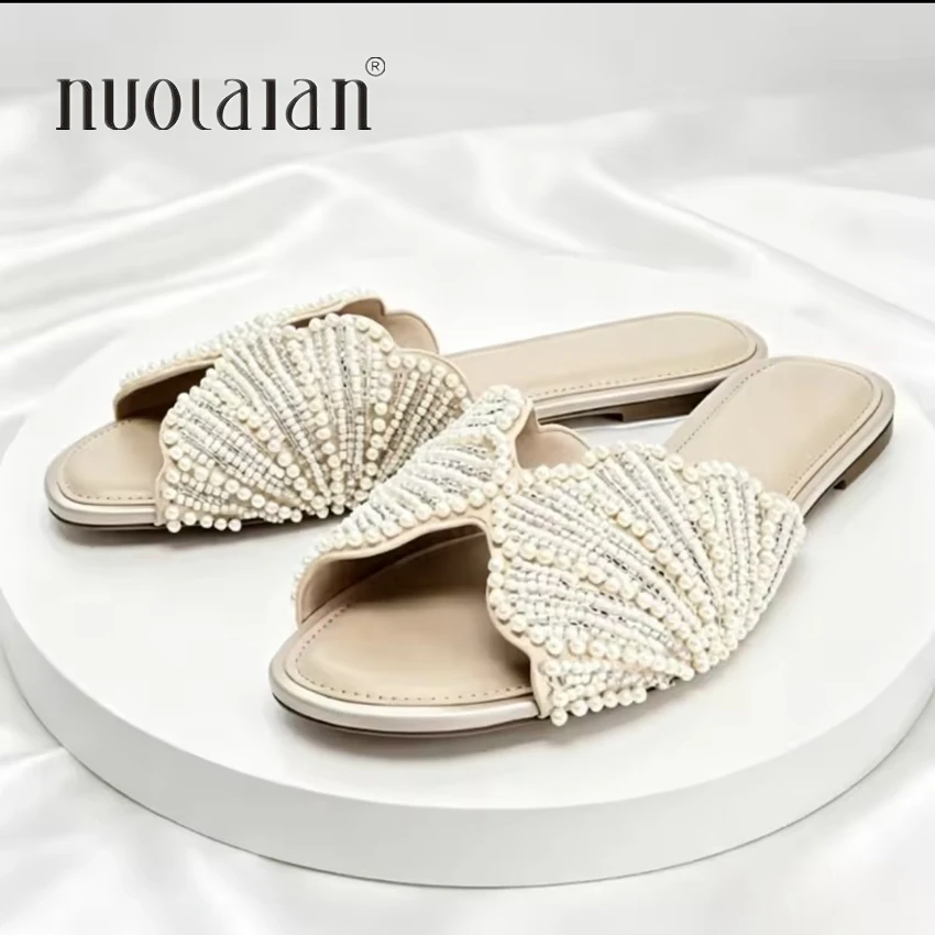 Luxury Summer Flat Sandals for Women Fashion Faux Pearl Designer Slide Sandal Comfortable Lightweight Beach Casual Shoes Woman