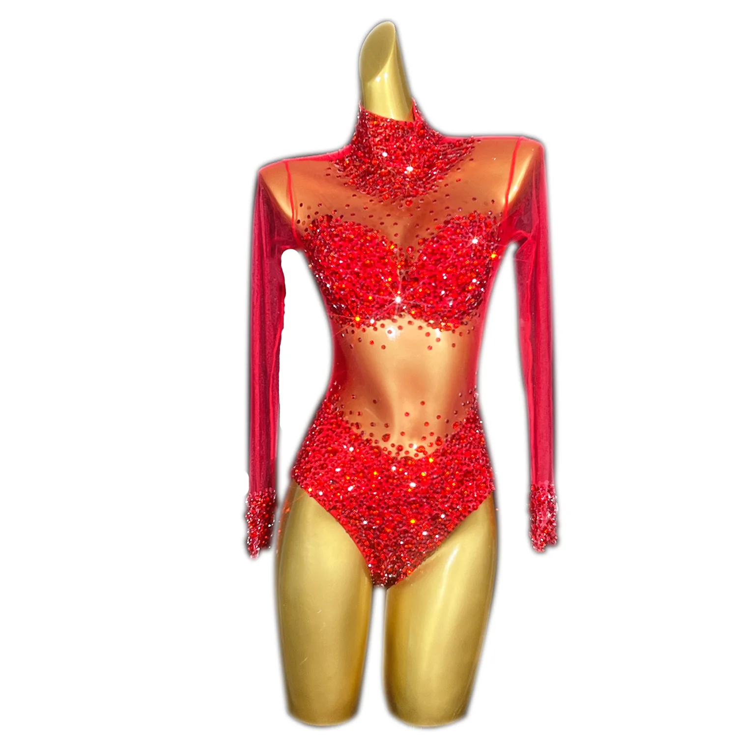 Sparkly Rhinestones Bodysuit Sexy Mesh Dance Costume Performance Leotard Women Nightclub Outfit Dancer Stage Wear Wangshazuan