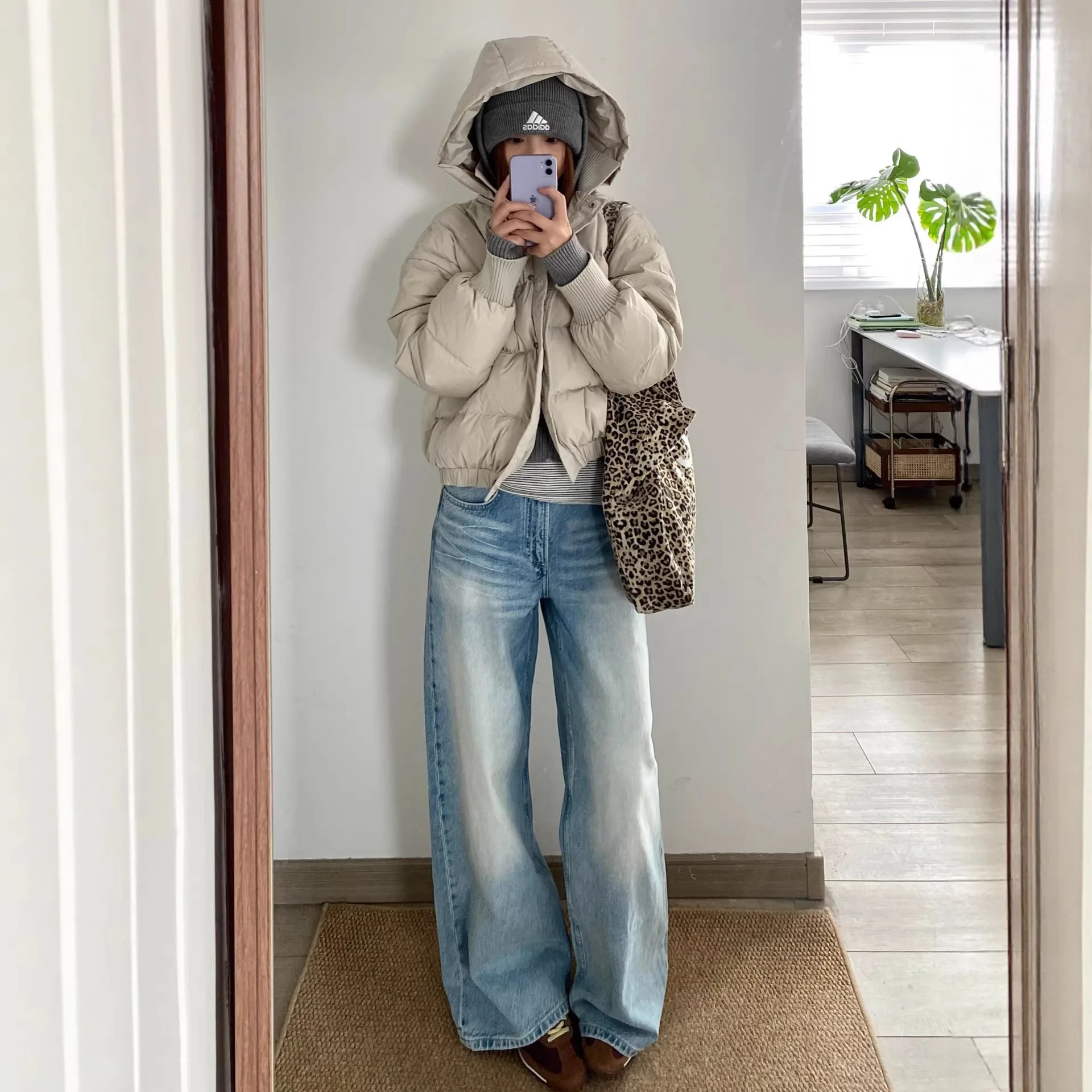 Vintage Wash Light Blue Curve Leg Women's Jeans High Waist Relaxed Fit Wide Leg Women's Pants Loose Streetwear