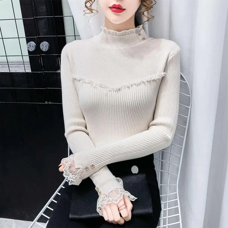 Autumn Winter New Women\'s Half High Collar Pullovers Sweaters Fashion Elegant Slim Button Gauze Lace Long Sleeve Commute Tops