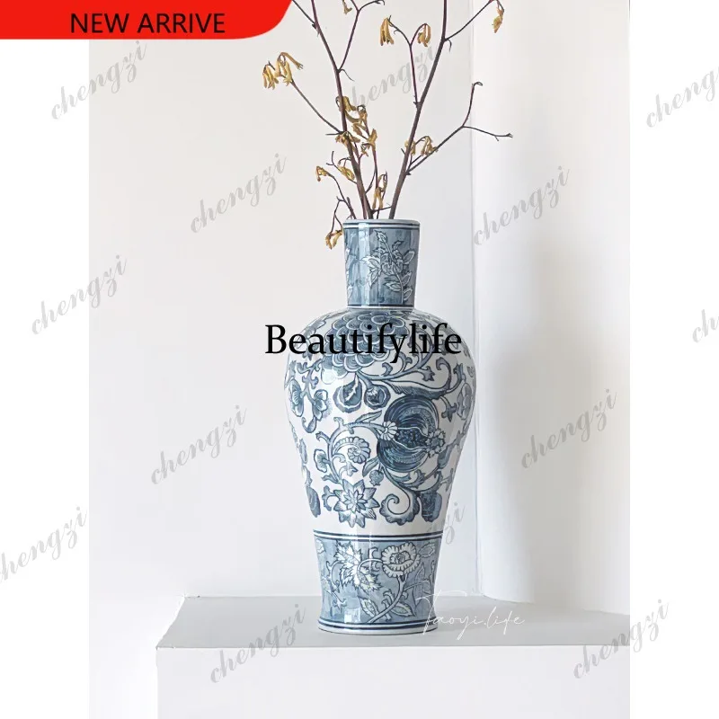 H132 Chinese style blue and white porcelain big belly vase classical ceramic flower ware soft floor ornament