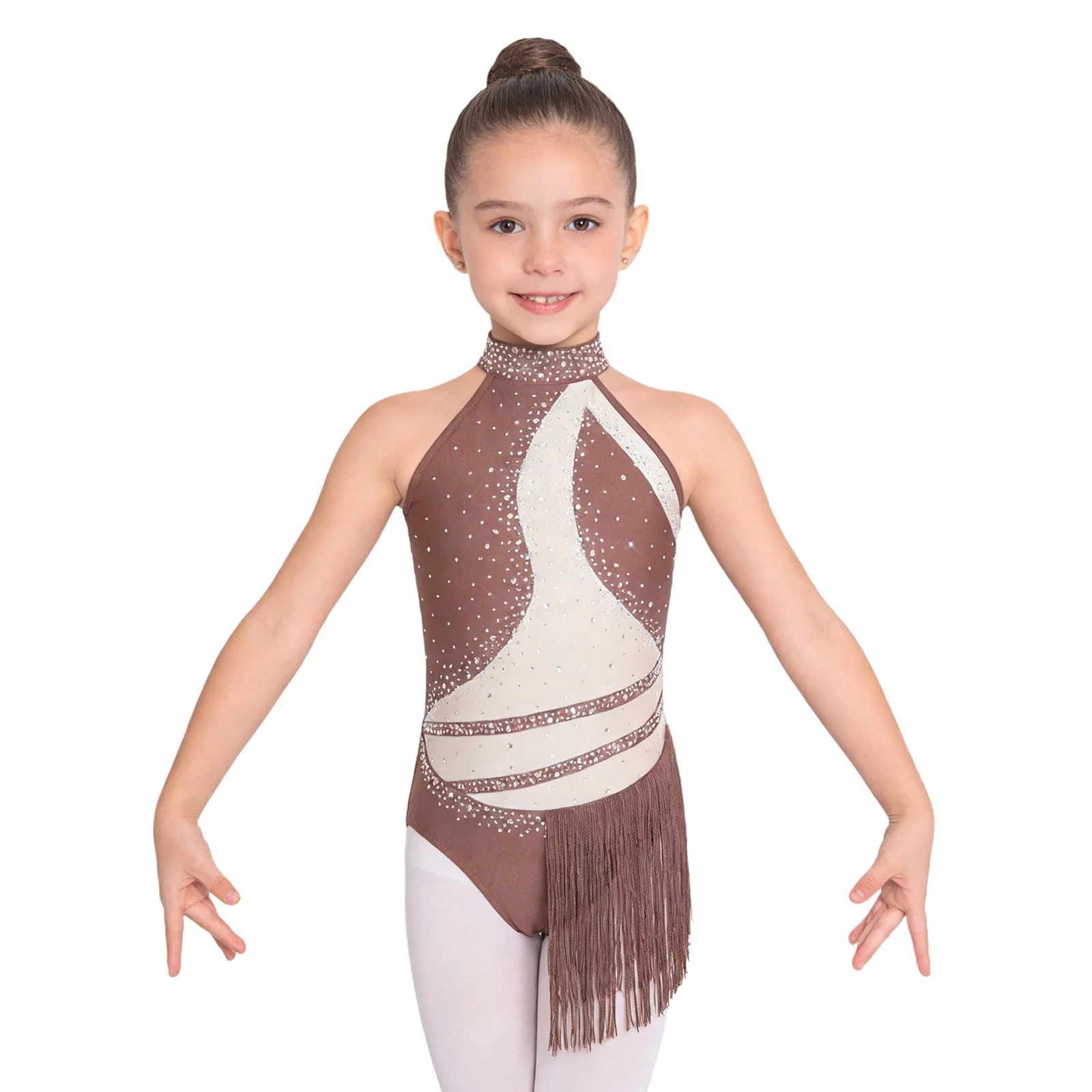 Kids Girls Ruched Mesh Rhinestone Gymnastics Ballet Jersey Skirted Leotards Artistic Figure Skating Dress Lyrical Dance Wear - view 4
