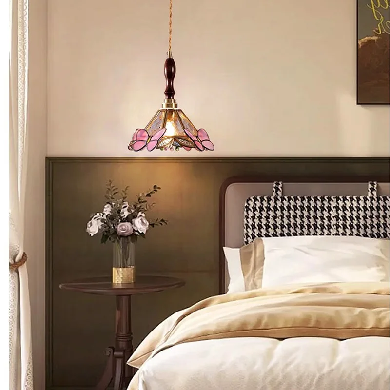 IWHD Butterfly Glass Lampshade LED Pendant Lights Fixtures Bedroom Loft Bedside Living Dinning Room French Vintage Pendant Lamp