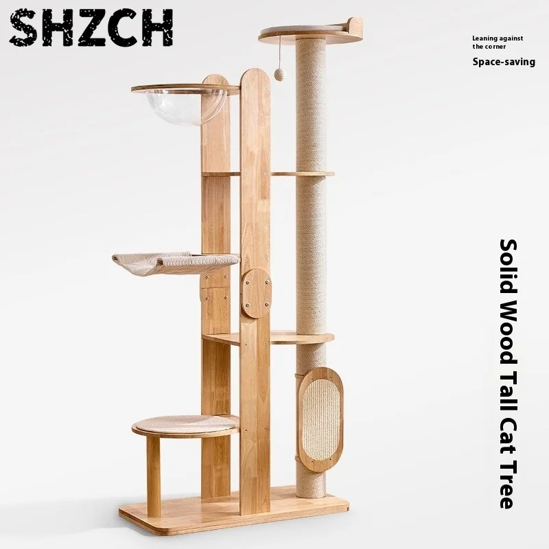Solid Wood Cat Tree Condo with Scratching Posts Sisal Climbing Tower Durable Anti-Shedding CatFurniture All-in-One PlayRest Area
