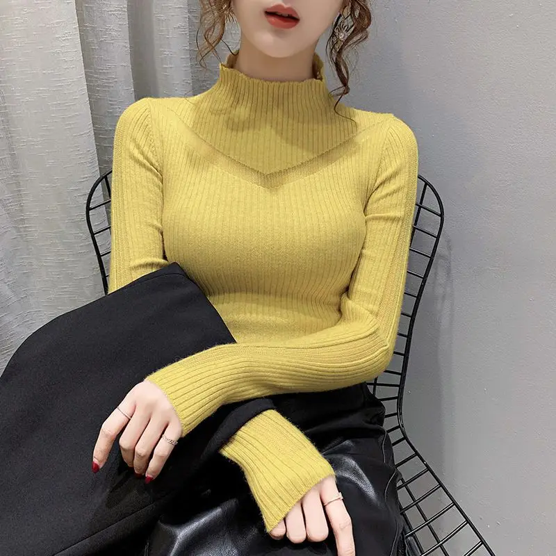 Women\'s 2023 New Solid Gauze Half High Neck Pullover Sweater Long Sleeve Patchwork Fashion Slim Autumn and Winter Knitted Tops