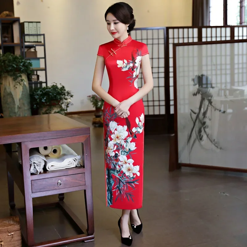 

Short Sleeve Cheongsam Long Qipao Women Chinese Traditional Dress Oriental Style Dresses China Clothing Store