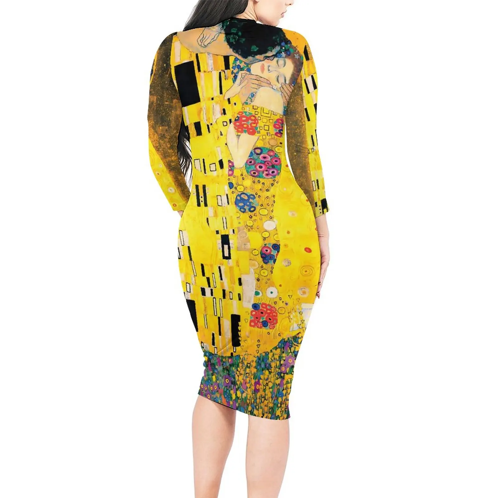 Gustav Klimt Art Dress Long Sleeve The Kiss Club Dresses Spring Woman Aesthetic Custom Bodycon Dress Large Size 5XL 6XL