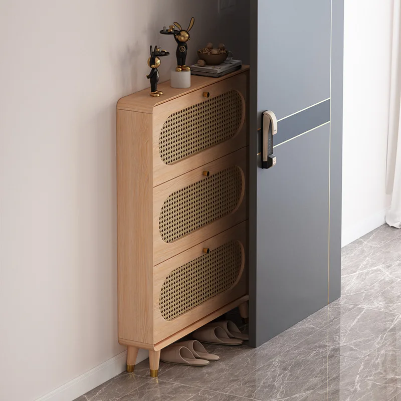 AOLIVIYA Door Entrance Shoe Rack Hallway Cabinet Wood Rattan Narrow Behind Door Stand
