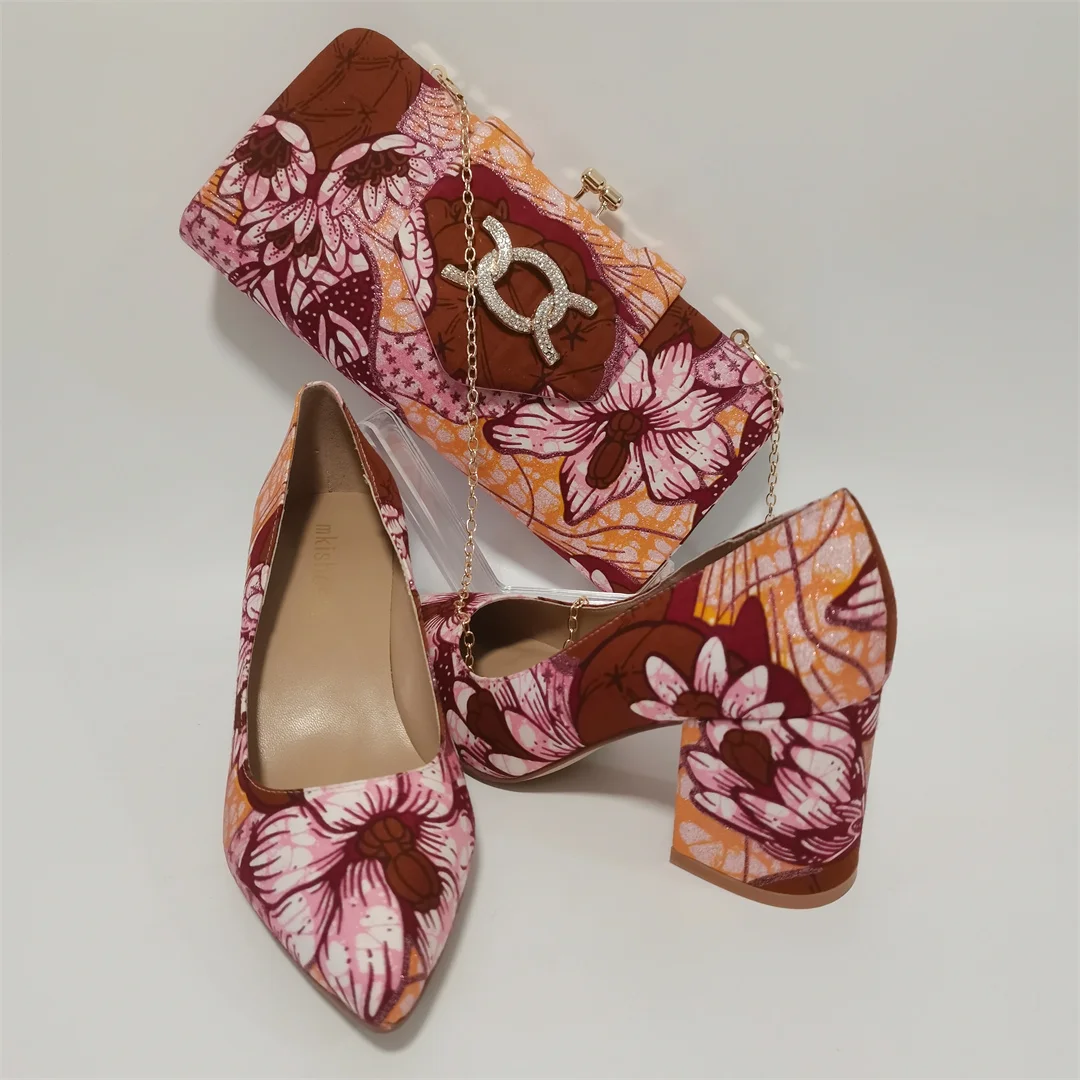 High Quality Stylish African Cotton Wax made Banquet Clutch and Chunky High Heel Shoes Suit for Wedding Ankara Wax Bag Y1031-5