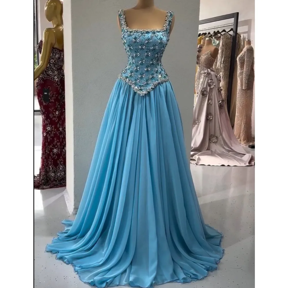 Maßgeschneiderte, aufwendige Chiffon-Paillettenmuster-A-Linien-Kleider mit quadratischem Ausschnitt, lange, maßgeschneiderte Abendkleider für besondere Anlässe, verfügbare Größen