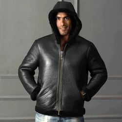 Winter Warm Outdoor Leisure Shearing Wool Sheepskin Fur Hooded Black Coats Men's Leather Casual Jackets