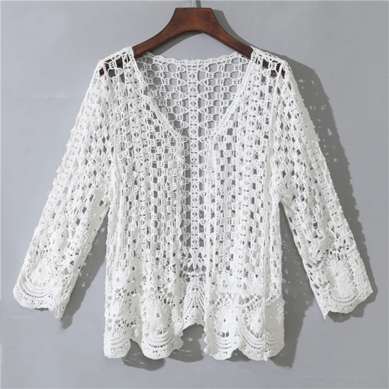 Women Long Sleeve Cardigan Hollow Out Crochet Knit Floral Sweater Cover Up Open Front Scalloped Mesh Beach Shrug Coat