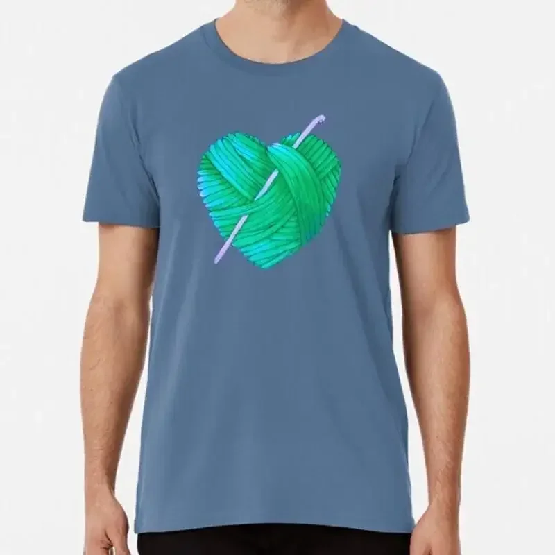 Cute Heart Ball Of Yarn And Crochet Hook In Teal Green Blue S 5XL USA T Shirt