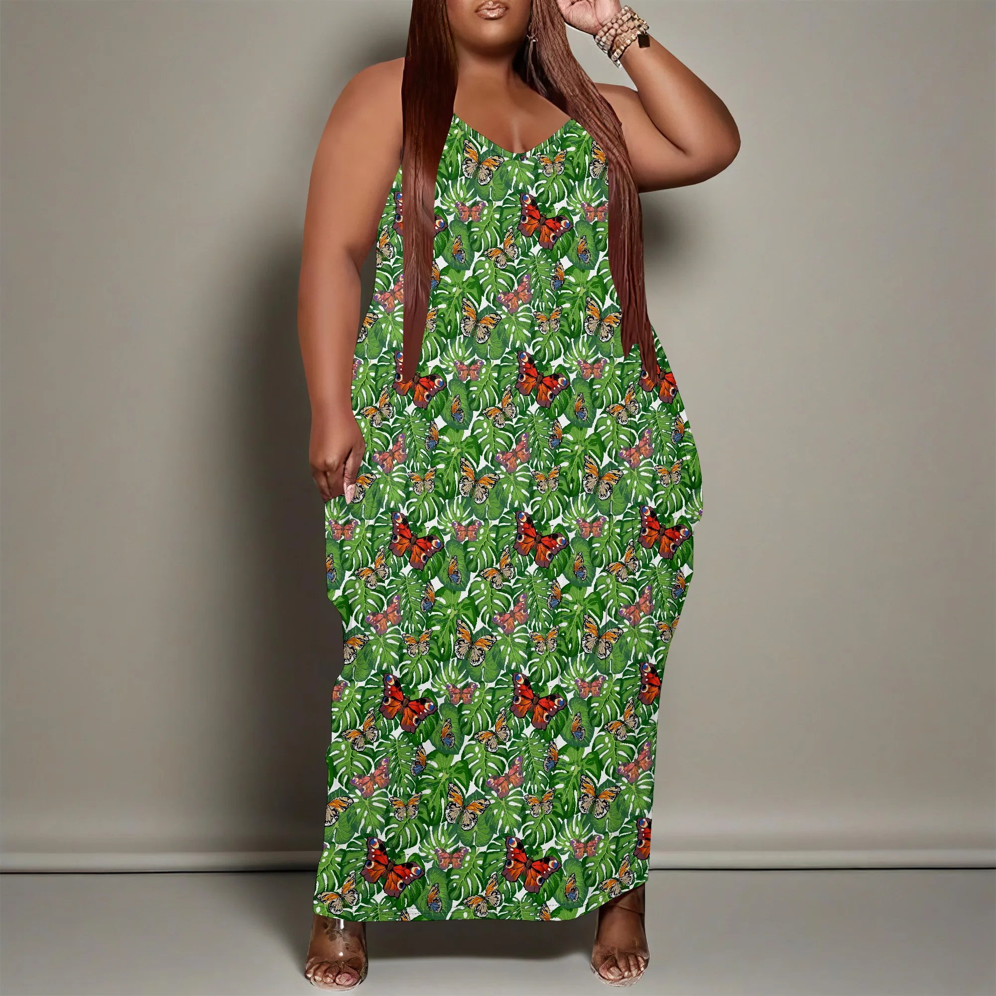 Women Plus Size Dress Loose Slip Maxi Dress with Pocket Stretchy Boho Butterfly Print XL-6XL​