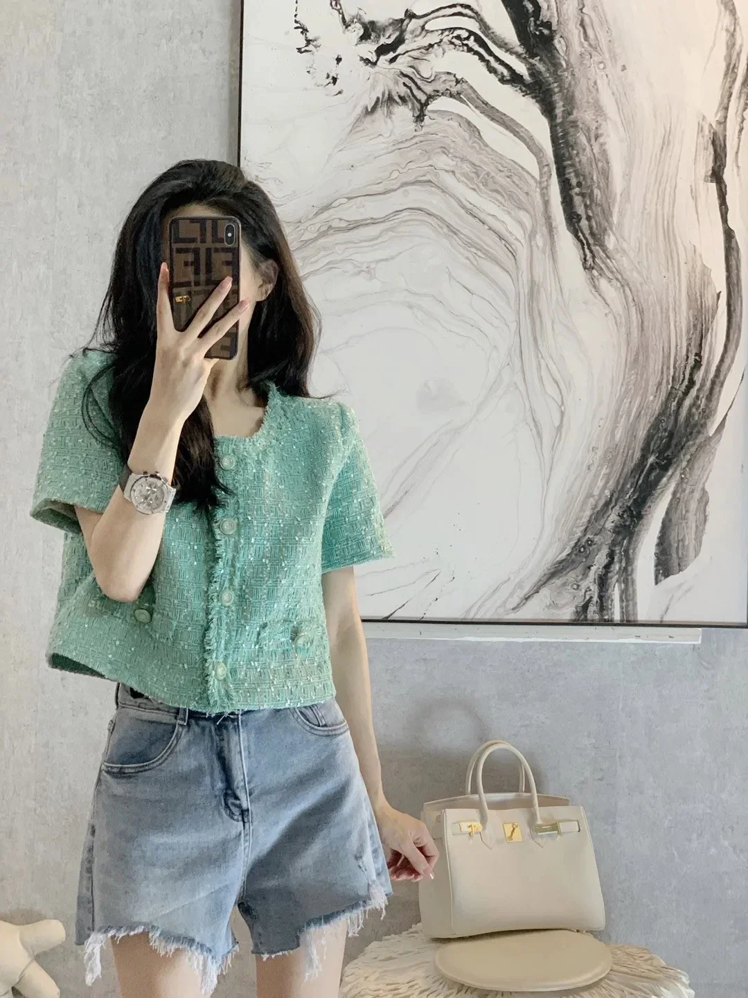 Vintage Fragrant Short Sleeve Jacket Women's Spring/summer 2024 New Versatile Fashion Tweed Greent Coat