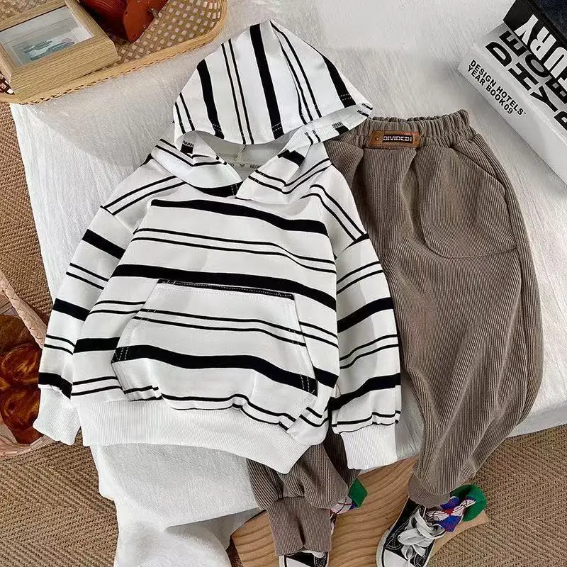 

Kids Set Boys Autumn Outfit Fashionable 2025 New Children's Hooded Striped Long Sleeved Sweatshirt+Long Pants Two-piece Set