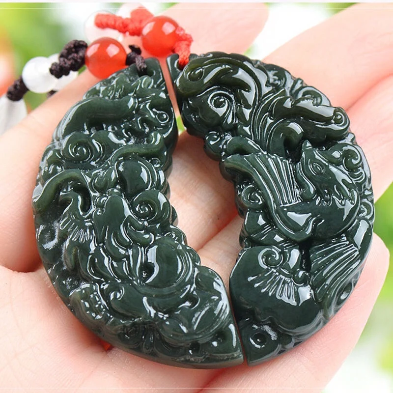 Natural Hetian Jade Qing-Jade Dragon Phoenix Exquisite Carving Pure Handmade Delicate FengShui Amulet Pendant Necklace Jewellry
