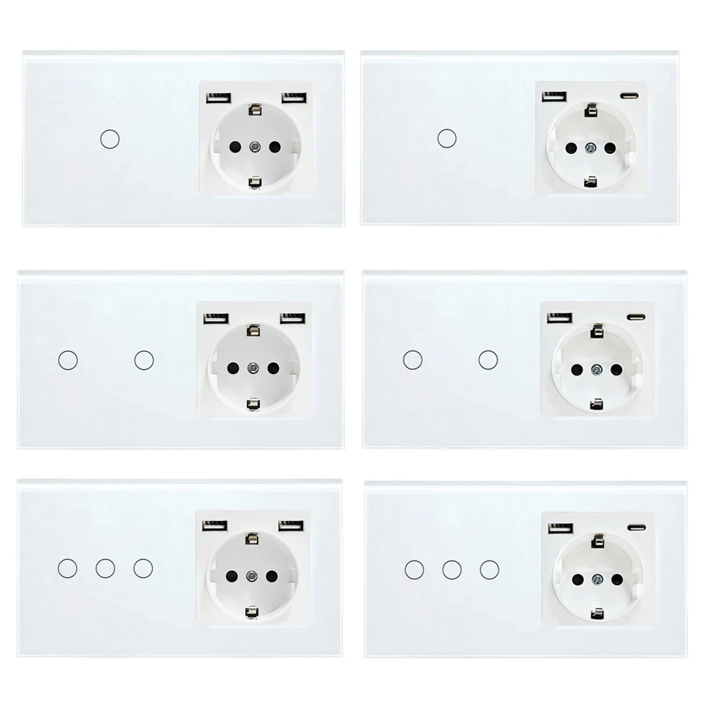 

Стандарт ЕС, 1-местный, 2-местный, 3-местный сенсорный выключатель света с розеткой европейского стандарта, 16 А, USB или порт для зарядки типа C, настенный выключатель 110–240 В