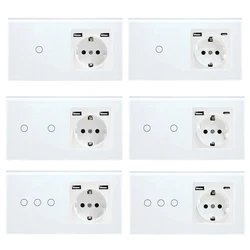 Eu Standard 1gang 2gang 3gang Touch Light Switch With 16A EU Socket USB or Type-C Charging Port 110-240V Wall Switch