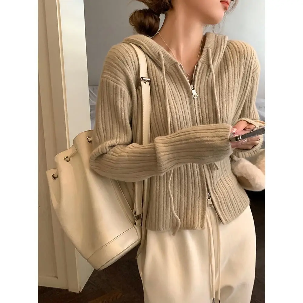 Otoño Invierno estilo coreano elegante doble cremallera cárdigan de punto con capucha mujer primavera y otoño Chaqueta suéter corto de gama alta