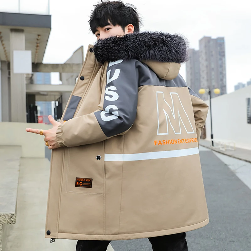 Veste à capuche coupe-vent mi-longue pour hommes, manteau en peluche optique, haut parkas, col en fourrure amovible, poignées, chaud, décontracté, sourire, vêtements d'extérieur, hiver, 2024