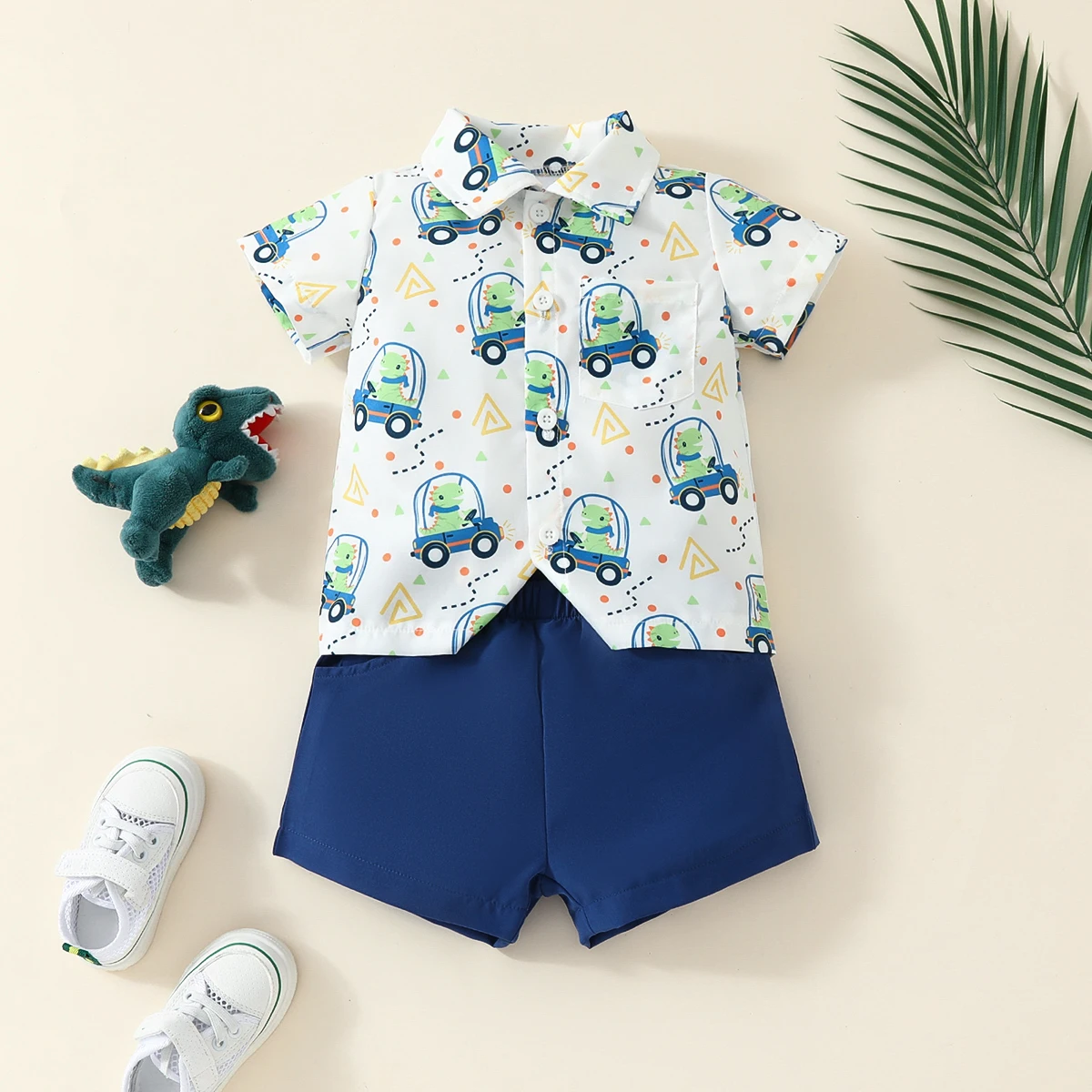 Boys suit car coconut tree dinosaur print T-shirt top elastic shorts sunny handsome beach casual comfortable summer two-piece se