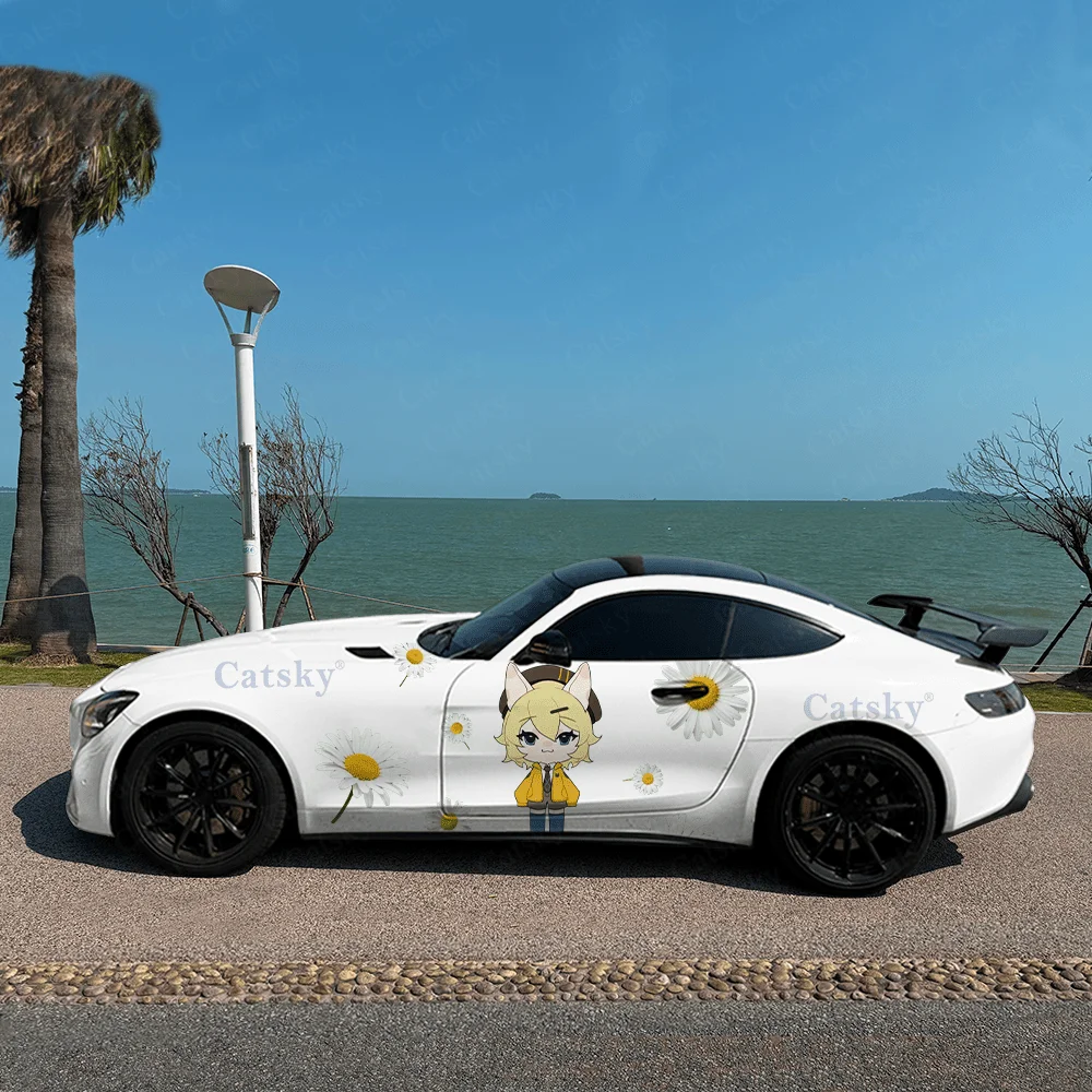 

A Maiden with Daisies, hairless cat anthropomorphism, PVC Material, Suitable for Most Vehicles, Side Decorative Sticker, Waterpr