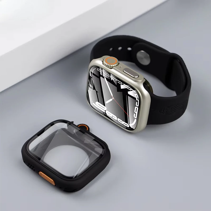 Casing PC keras untuk Apple Watch, pelindung layar Tempered Glass 46mm 42mm 45mm 44mm untuk IWatch 10 9 8 7 6 se berubah ke Ultra