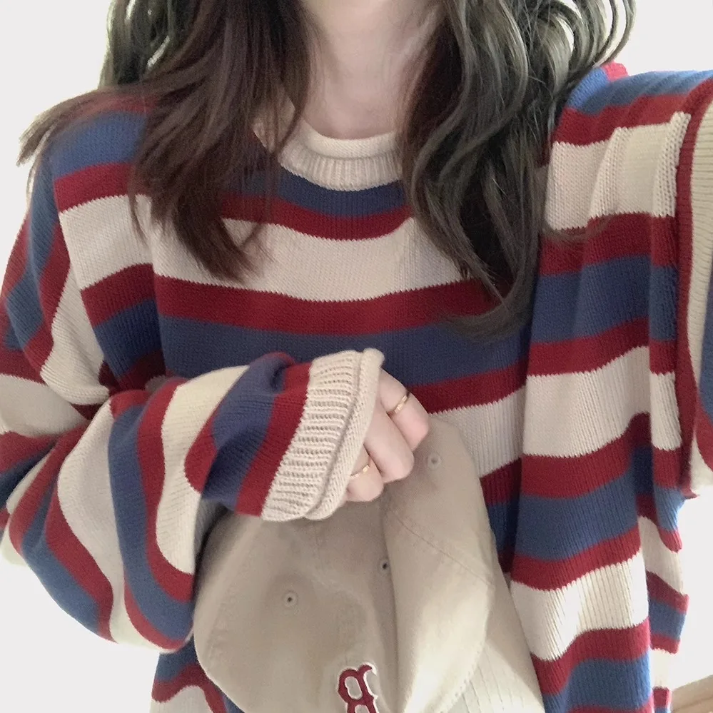 

Retro Colored Loose Knitted Sweater Women's Base Shirt Wide Stripe Cuffed Sleeve Long Sleeve round Neck Regular Fit Autumn Wi...