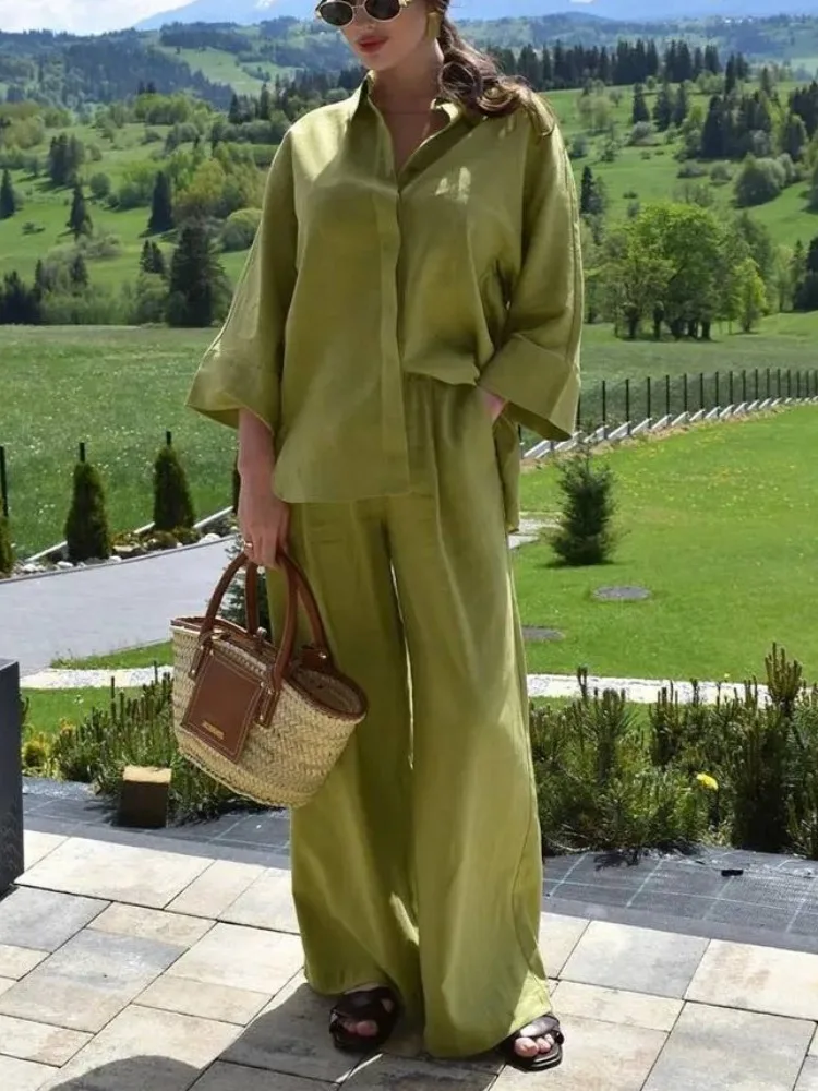 

Gymystars Casual Suit for Women Two Pieces Set Elegant Loose Lapel Shirt Elasticity Pleated Pants Fashion Wide-leg Trousers Sets