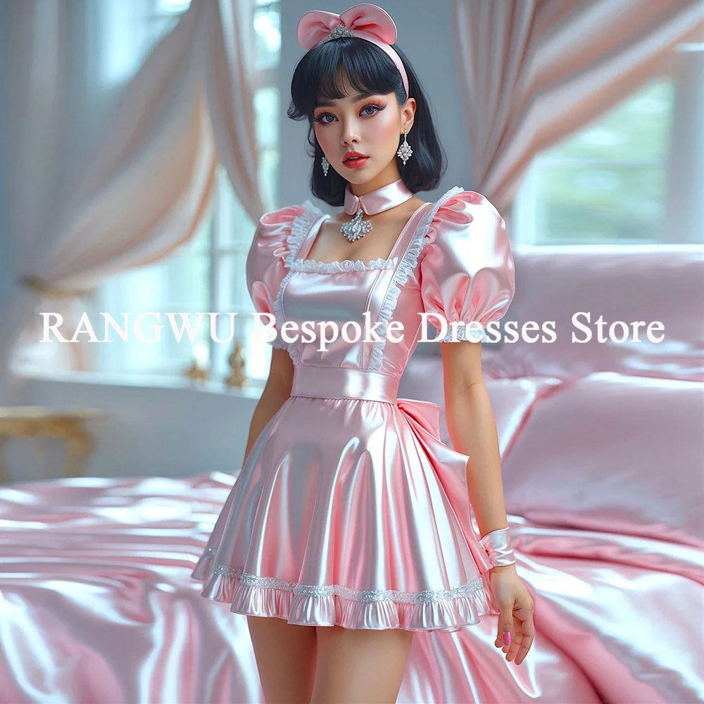 

Sexy Pink Maid Dress Mini Short Cosplay Evening Dress Lace Frilly Mistress Satin Prom Dress 2026 Cocktail Customized