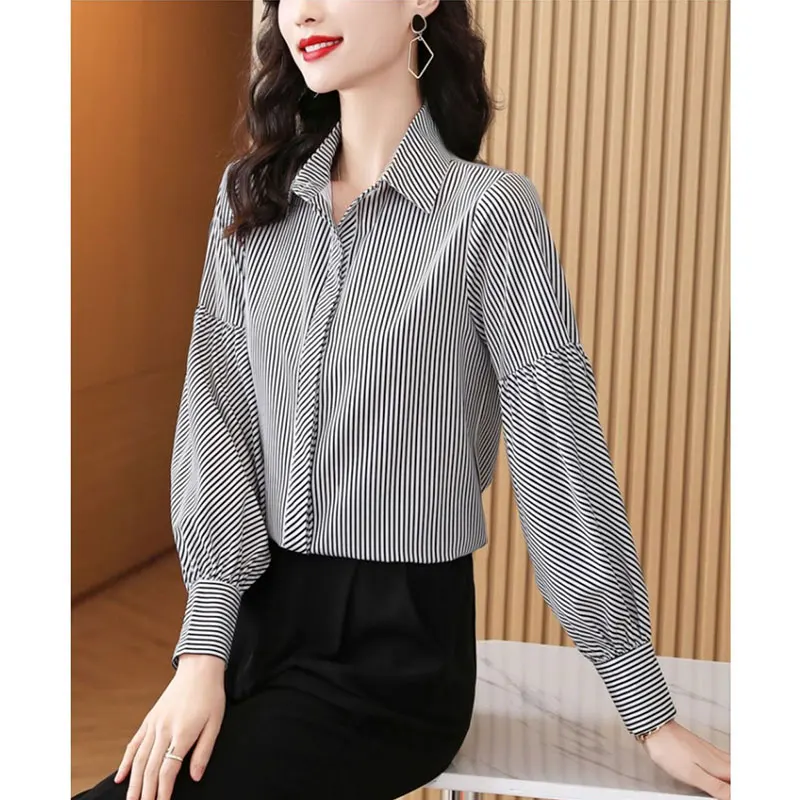 Women\'s Autumn Fashion Simplicity Striped Polo Collar Long Sleeve Chiffon Shirts Women Clothes Casual All-match Temperament Tops