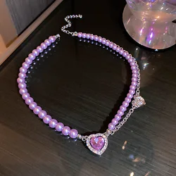 Luxury Amethyst Gem Neck Pendant Necklace 2023 Fashion Purple Crystal Love Heart Purple Gem Raw Stone Pearl Neckchain Collarbone