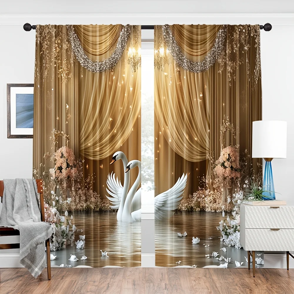 

2pcs Luxe European Snow White Swan Print Polyester Curtains with Rod Pocket – for Living Room & Bedroom Decor