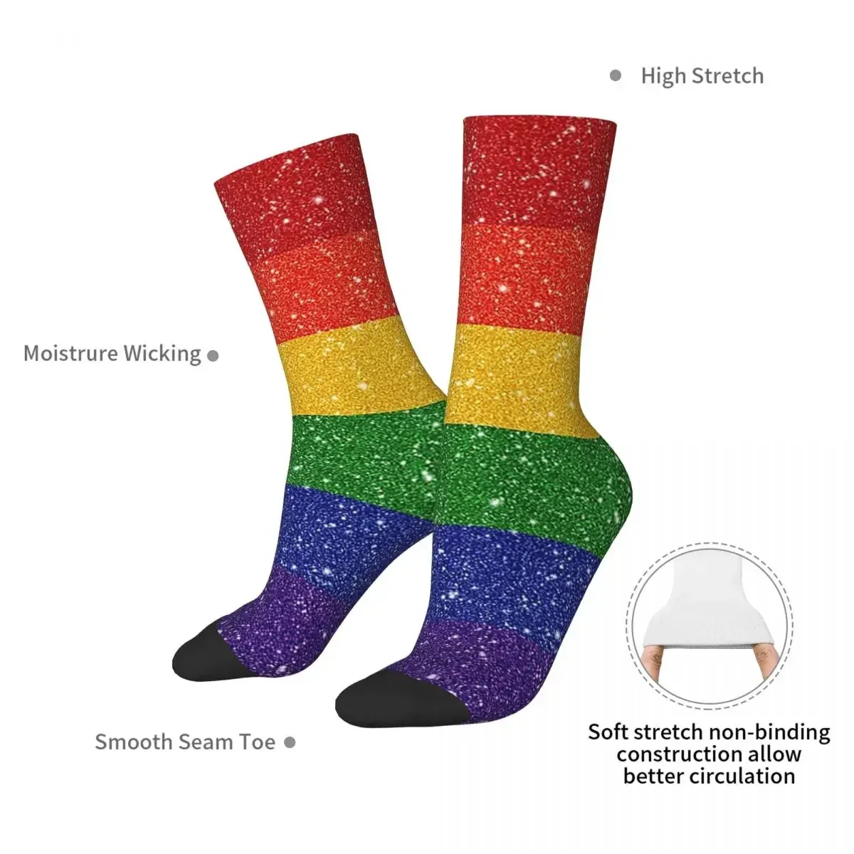 Faux Glitter LGBTQ Pride Rainbow Flag Background Socks Harajuku Soft Stockings All Season Long Socks for Unisex Birthday Present