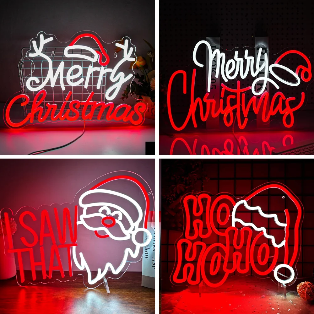 Red White Merry Christmas Neon Sign HOHOHO Christmas Christmas Neon Light Shop Bar Window Wall Decor Light USB Dimmable Light