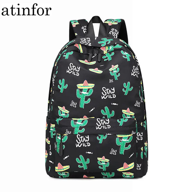 atinfor Brand Waterproof Nylon Lightweight Cactus Printing Backpack Women 16.5 inch Middle School Student Book Bag