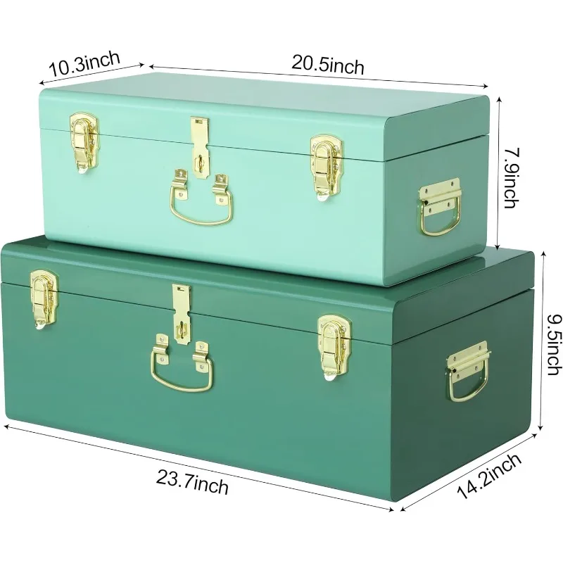 Decorative Large Metal Box Storage Trunk Chest Set of 2 College Dorm Organizer with Hardware Hasps and Handle for Home Deocr