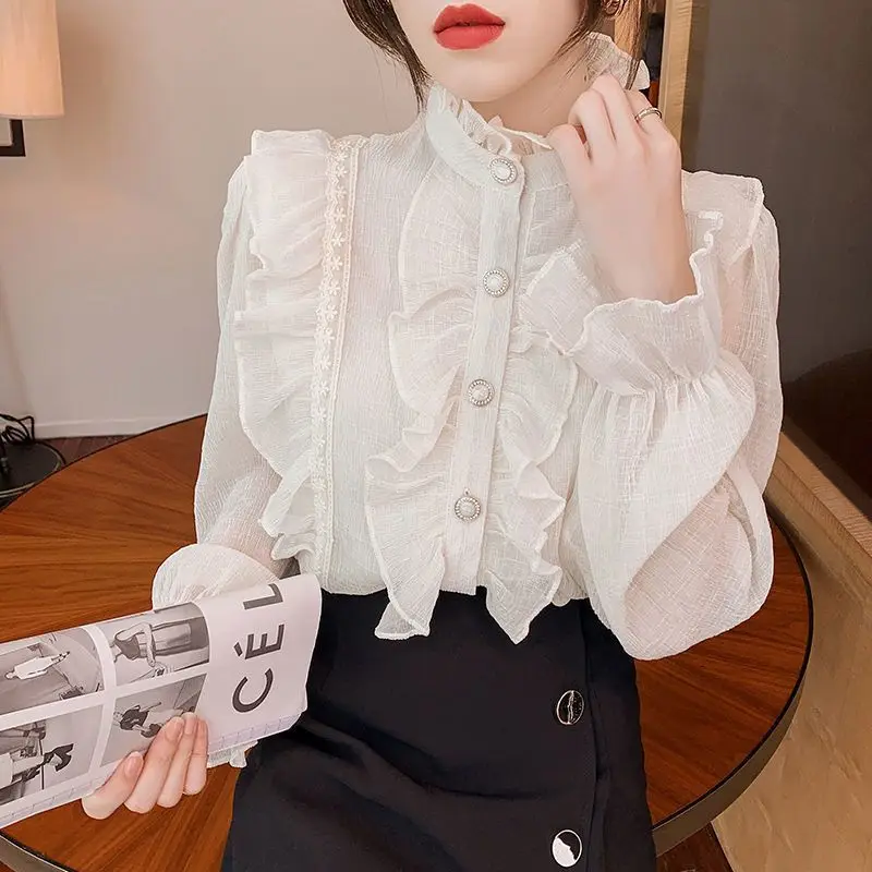 Elegant Solid Color Lace Ruffles Chiffon Shirt Women\'s Clothing 2023 Spring New Loose Korean Tops Flare Sleeve Sweet Blouse