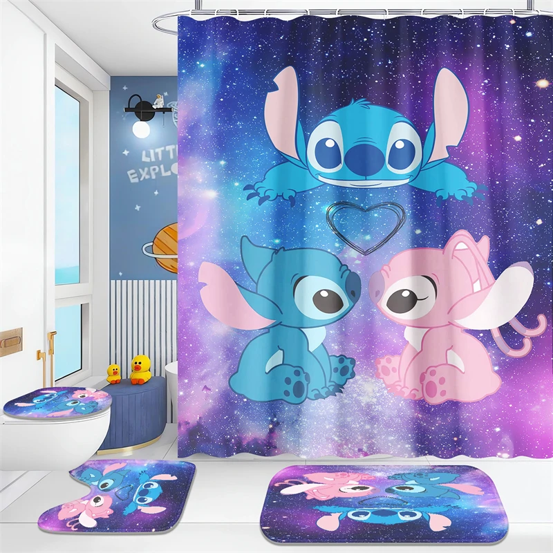 Four-piece Shower Curtain Set, Cute Stitch, Disney Style Starry Sky Background Bathroom Supplies, Waterproof and Mildew-proof