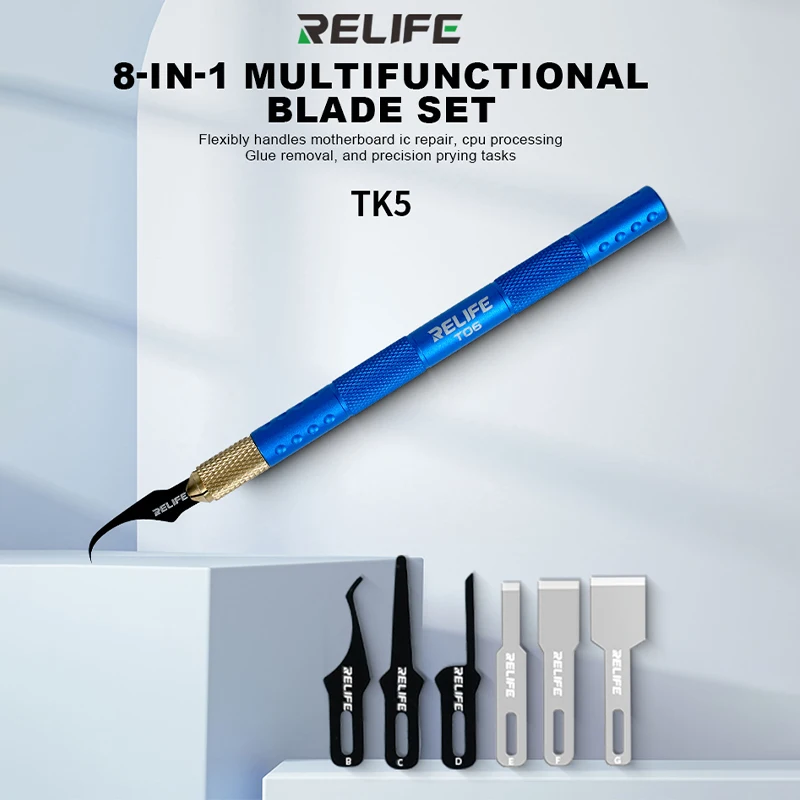 

RELIFE TK5 8 in 1 multi-function blade set for mobile phone degluing/warping IC hard disk/repairing face blade tool