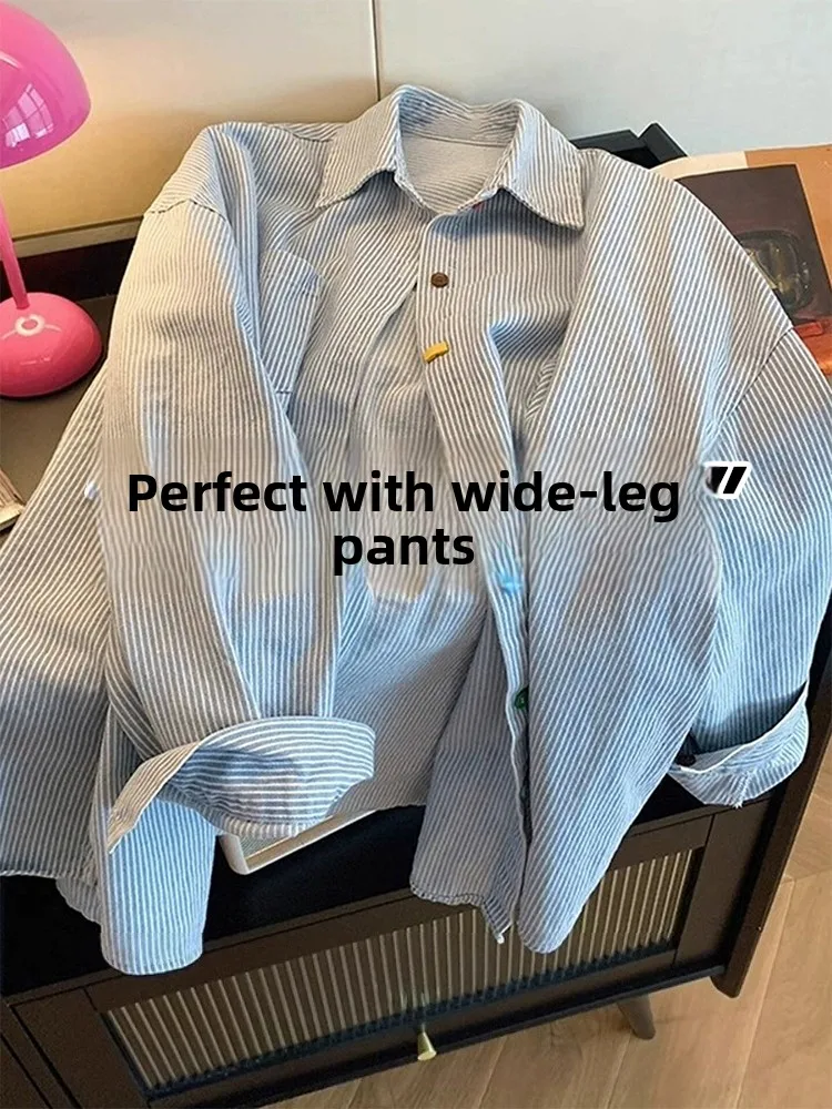

Blue Striped Women's Shirt Spring Autumn Loose Slimming Versatile Personality Outerwear Shirt Layering Inner Wear Base Top Wi...