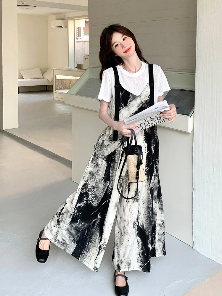 Ele Water-Media imprimé salopette à jambes larges femmes été décontracté ample confortable coréen Sle taille haute jambe droite Trou...