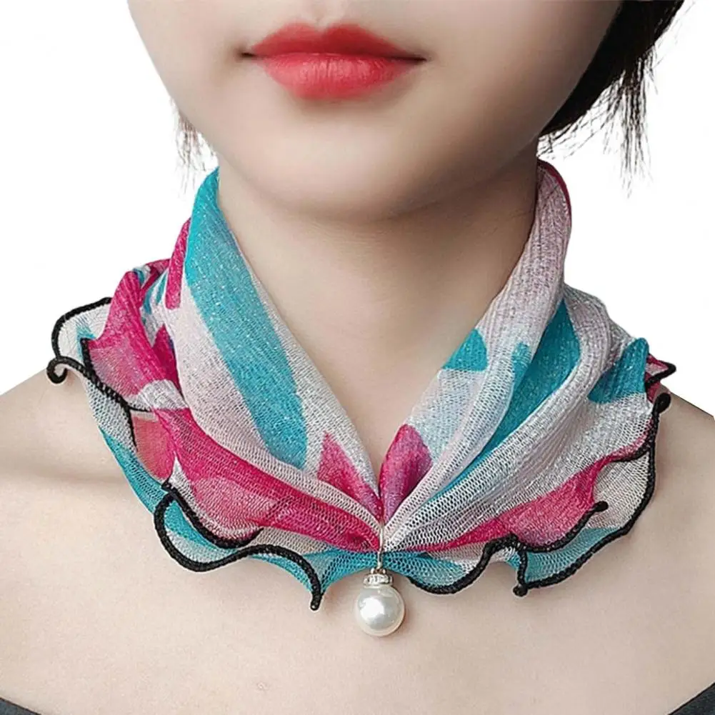 Elegant Women Scarf Painting Print Imitation Pearl Durable Ruffle Edge Lady Headscarf Banquet Neck Wrap Scarf