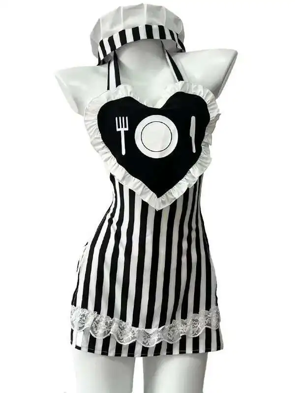 新しい女性 2025 セクシーなぶら下げネックバックレスレースカラーブロッキングメイド制服ドレス + ローウエスト超薄型パンツセット 1MKU